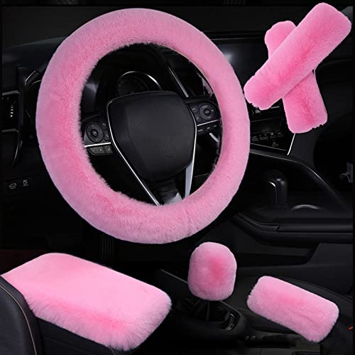 6pcs in 1 Set Fluffy Faux Wool Steering Wheel Cover & Soft Handbrake Cover & Gear Shift Cover & 2pcs Seat Belt Shoulder Pads & Center Console Cover Warm Universal Fit (Pink) - color: Pink