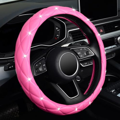 KAFEEK Diamond Leather Steering Wheel Cover with Bling Bling Crystal Rhinestones, Universal 15 inch,Dark Pink - color: Dark Pink, size: Medium(Standard) Size[14.5"-15"]
