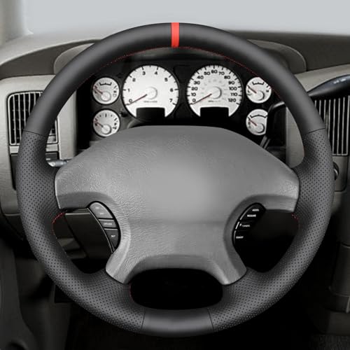 MEWANT Hand Stitch Black Genuine Leather Steering Wheel Cover Wrap for Dodge Ram 1500 2002-2003 Dodge Ram 1500 - color: Black Genuine Leather&Red Stripe&Red Thread