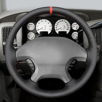 MEWANT Hand Stitch Black Genuine Leather Steering Wheel Cover Wrap for Dodge Ram 1500 2002-2003 Dodge Ram 1500 - color: Black Genuine Leather&Red Stripe&Red Thread