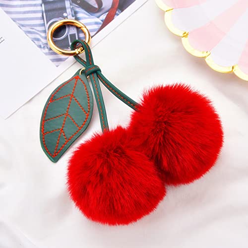 Cute Faux Rabbit Fur Ball Pom Pom Keychain Car Key Ring Handbag Tote Bag Pendant Purse Charm - color: Cherry-red