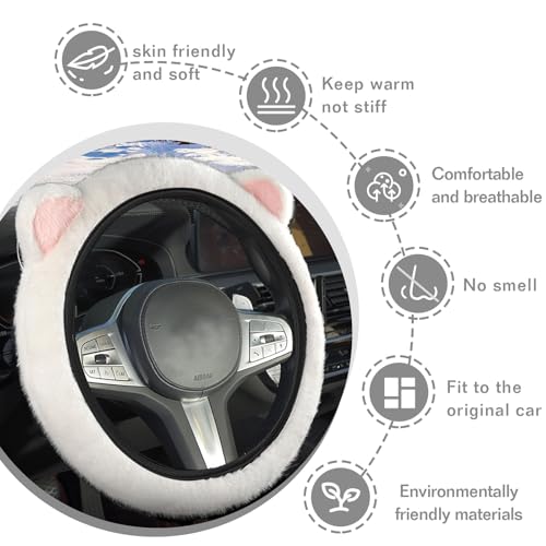 Car Steering Wheel Cover, Cute Steering Wheel Protector with Kitty Cat Ears,Fluffy Soft Plush for Winter Warm, Universal Fit 15 inches for Car,SUV, Elastic & Anti-Slip (White) - color: White
