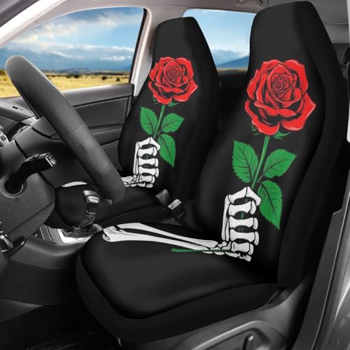 Pehede Car Seat Cover Skeleton Hand Holding Red Rose Front for Cars, Easy to Install Cover Set, Accessories Auto Trucks Van SUV,2 Packs - color: Multi34