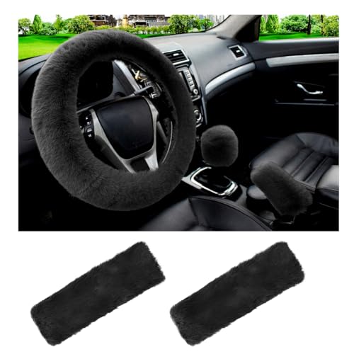 5 PCS Fluffy Steering Wheel Covers Set, Faux Wool Steering Wheel Cover & Handbrake Cover & Gear Shift Cover & 2 Seat Belt Shoulder Pads, Universal Car Accessories (Black) - color: Black