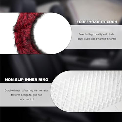 Fluffy Steering Wheel Cover, 15 Inch Anti-Slip Microfiber Plush Fuzzy Steering Wheel Cover, Winter Warm Elastic Fuzzy Steering Wheel Covers for Women and Men, Car Accessories (Red) - color: Red