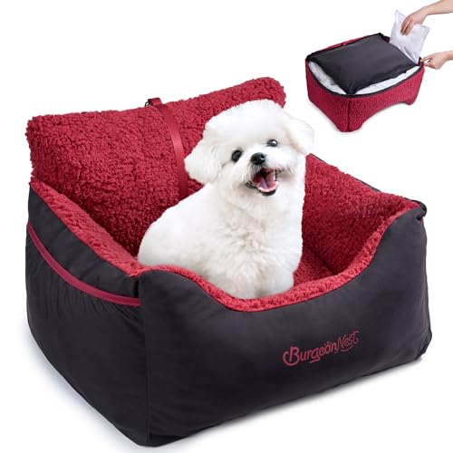 BurgeonNest Dog Car Seat for Small Dogs, Detachable and Washable Cat Carseats Under 25 lbs, Soft Pet Booster Seats with Storage Pockets and Clip-On Leash Portable Car Travel Carrier Bed, Black red - color: Black Red, size: Small