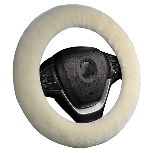 Fuzzy Sheepskin Steering Wheel Cover for Women | Warm & Fluffy Universal Auto Girly Accessories | Soft Lamb Fur for Cold Winters & Hot Summers | 14 1/2 inch-15 1/2inch Steering Wheel, Cream White - color: Cream White