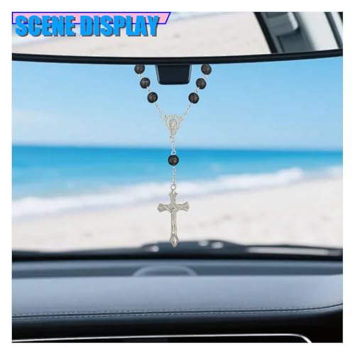 2PCS Rosary Car Rear View Mirror Charm, Personalized Medal and Cross Automotive Interior Pendant, Universal Vehicle Mirror Hanging Ornament Accessories for Women Men(Black)