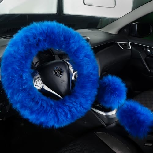 Fuzzy Genuine Sheepskin Steering Wheel Cover Set for Women Parents-Fluffy Soft Australian Merino Wool Wrap with Gear Shift and Hand Brake Covers, Cozy Stylish Luxury Car Accessories (Blue) - color: Blue