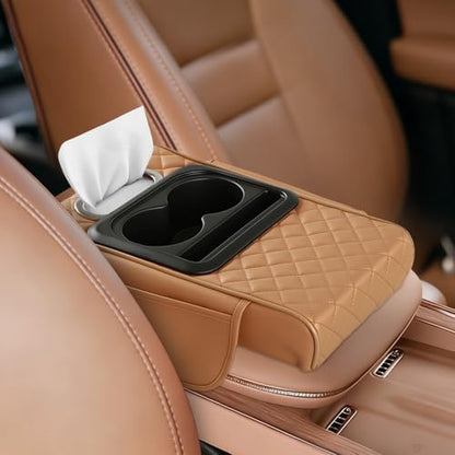 5-in-1 Car Armrest Cushion, Multifunctional PVC Leather Center Console Armrest Pillow Elbow, Universal Arm Box Pad Cover with Cup Holder, Phone Slot, Tissue Box Slot & 2 Storage Bags, Orange - color: Orange