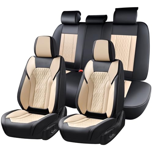 FLORICH Seat Covers, Car Seat Covers Full Set, Luxury Nappa Leather Seat Covers, Breathable and Waterproof Car Seat Protector 5 Seat, Automotive Seat Covers Universal Fit for Most Cars-Black&Beige - color: Black&Beige, size: Fullset