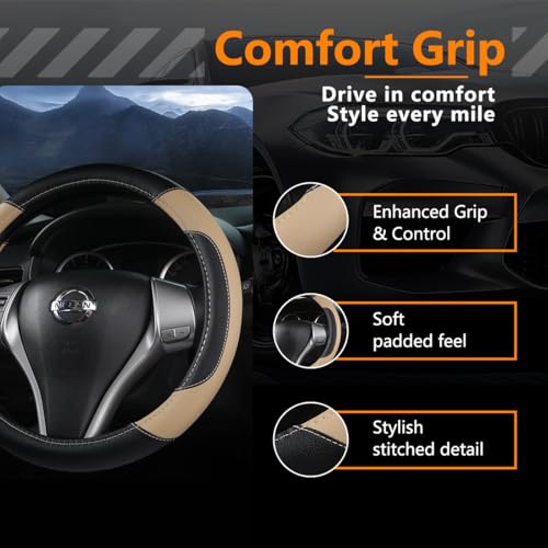 Leather Car Steering Wheel Cover, Non-Slip Car Wheel Cover Protector Breathable Microfiber Leather Universal Fit for Most Cars(Beige) - color: Beige