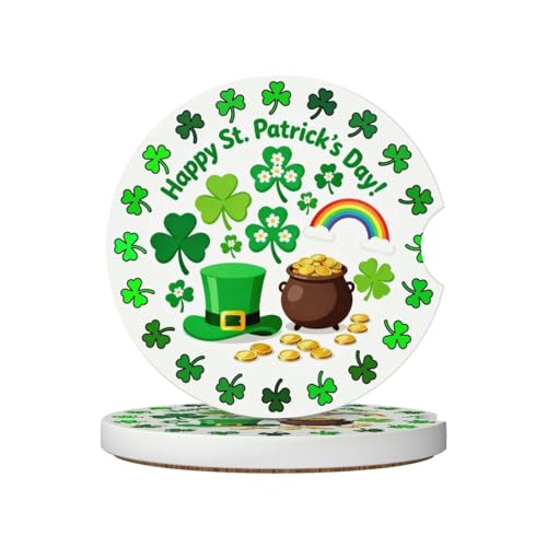 St. Patrick'S Day Shamrock Rainbow Gold Coins 2 Pack Car Cup Holder Coasters Absorbent Ceramic Drink Coasters 2.56" Universal Anti Slip Cup Mat with Cork Base and Finger Notch Auto Accessories - color: Brown