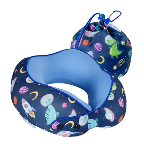 SKYTRAX® Certified Kids Safe Memory Foam Travel Neck Pillows for Kids and Toddlers, Cute Cartoon Design, Car Seat & Airplane Head Neck Support, Adjustable Snap Buttons, Washable Soft Cover (Dinosaur) - color: Universe/Dinosaur