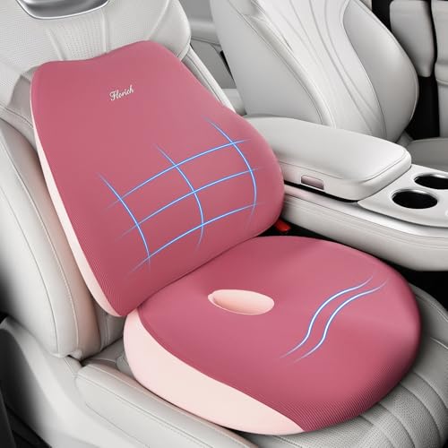 Car Seat Cushion and Lumbar Support Pillow, Ergonomic Memory Foam Driving Seat Cushions for Back & Sciatica Pain Relief, Non-Slip Cushion for Car, Office, Truck, Wheelchair, Gaming Chair-Pink - color: A-cushion&lumbar Pillow-pink