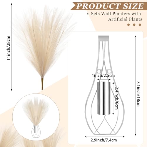 Otoolling 2 Pieces Hanging Plant Wall Decor with Artificial Pampas Grass Metal Hanging Vase Modern Geometric Farmhouse Bohemian Wall Art for Living Room Bedroom Kitchen Office (Silver, Beige)