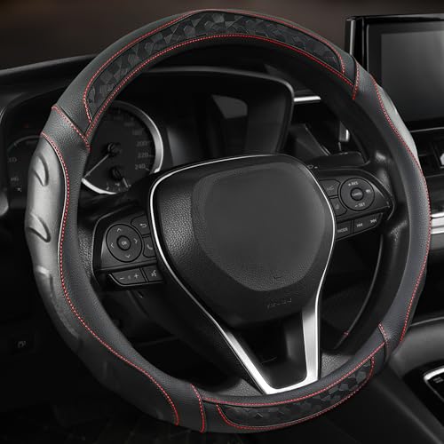 Black Seal Custom-Fit Steering Wheel Cover for Toyota Camry, Corolla, RAV4, 14.5–15", Anti-Slip PU Leather (Black+Red Line) - color: Black+Red Line