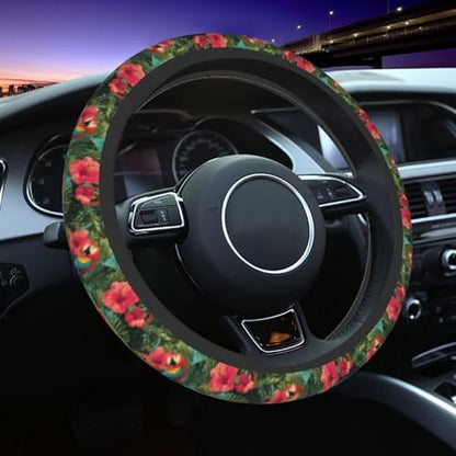 Tropical Floral Steering Wheel Cover Elastic Non-Slip Car Steering Wheel Covers with Seat Belt Shoulder Pad for Women Men - color: Tropical Floral