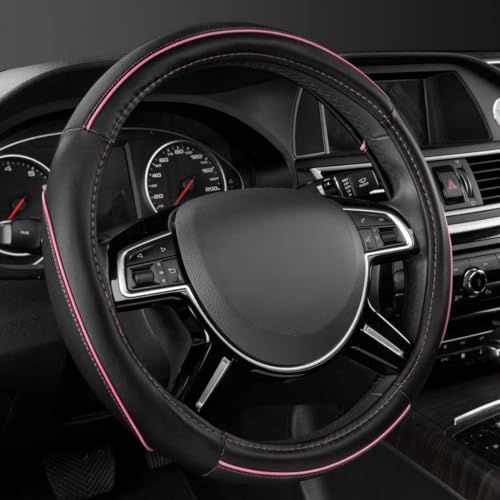 CAR Pass Colour Piping Leather Universal Fit Steering Wheel Cover, Perfectly fit for 14.5-15 inches Suvs, Vans, Trucks, Sedans, Cars (Black&Pink) - color: Black&Pink