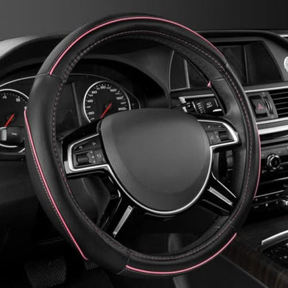 CAR Pass Colour Piping Leather Universal Fit Steering Wheel Cover, Perfectly fit for 14.5-15 inches Suvs, Vans, Trucks, Sedans, Cars (Black&Pink) - color: Black&Pink