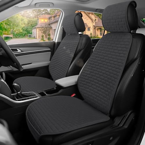Linen Car Seat Covers Front Seat Covers - 2 PCS Durable & Non-Slip Breathable Cloth Fabric Car Seat Protector, Universal Fit for Most Automotive, Vans, SUVs, Trucks - Black