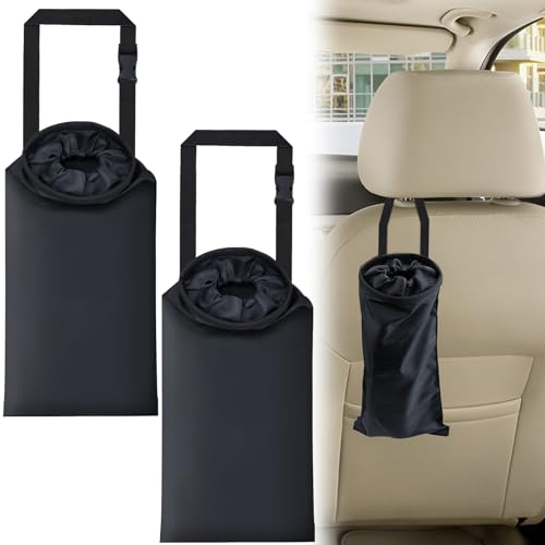 2 PCS Car Trash Bags, Car Accessories Washable Garbage Bag Hanging, Detachable Trash Can with Top Elastic Vent & Sticky Strap Bottom Opening, Seat Back Tash Bag for Cars,Travelling,Outdoor