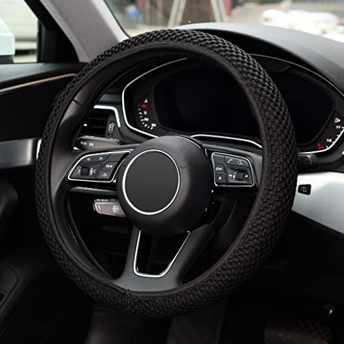 KAFEEK Elastic Stretch Steering Wheel Cover,Warm in Winter and Cool in Summer, Universal 15 inch, Microfiber Breathable Ice Silk, Anti-Slip, Odorless, Easy Carry,Black - color: black