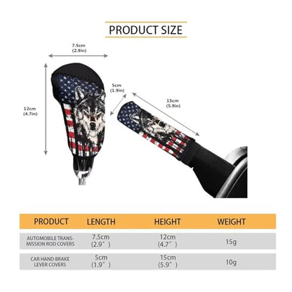 Wolf American Flag Printed 2 Pcs Car Handbrake Cover and Gear Shift Protector Sets for Women and Men, Soft Stretchy Car Handbrake Protector and Gear Shift Knob Cover, Universal Fits - color: Black and Red - Wolf American Flag