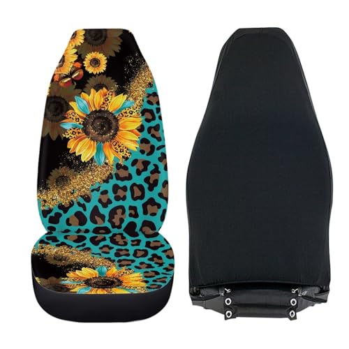 Car Seat Covers Sets for Women Leopard Sunflower Auto Saddle Blankets Seat Cover High Back Bucket Seat Cover Universal Fit for Most Cars SUVs Trucks Vans - color: Leopard Sunflower