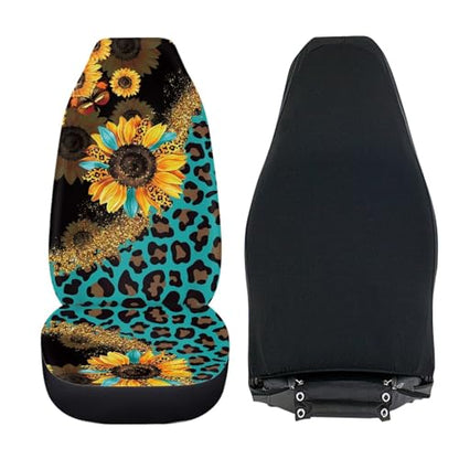 Car Seat Covers Sets for Women Leopard Sunflower Auto Saddle Blankets Seat Cover High Back Bucket Seat Cover Universal Fit for Most Cars SUVs Trucks Vans - color: Leopard Sunflower