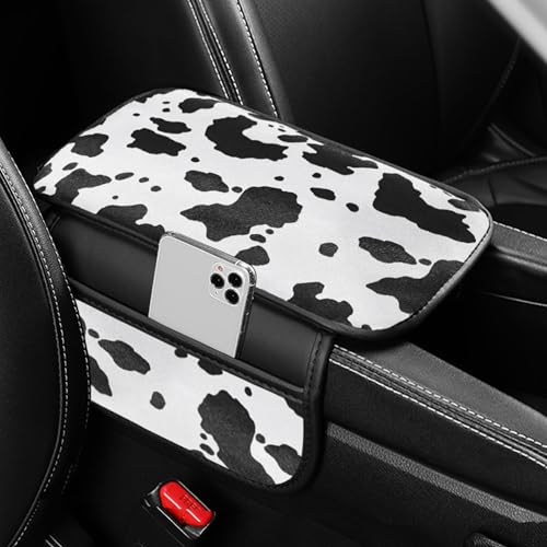 Cow Print Car Center Console Cover PVC Leather Armrest Cushion with 2 Storage Bags Universal Auto Armrest Seat Box Pad Car Interior Accessories Protector for Women Men (White Black)
