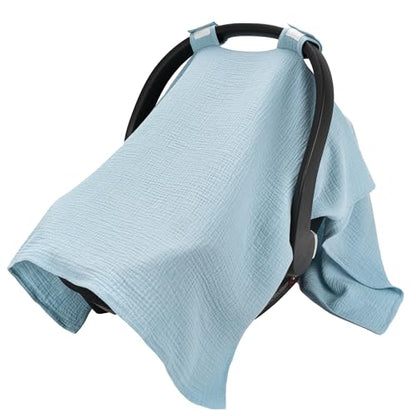 SERAPHY 100% Muslin Cotton Car Seat Cover Baby, Universal Carseat Covers, Breathable Baby Car Seat Canopy for Boys Girls, Soft Infant Car Seat Cover for Summer —Blue - color: Blue
