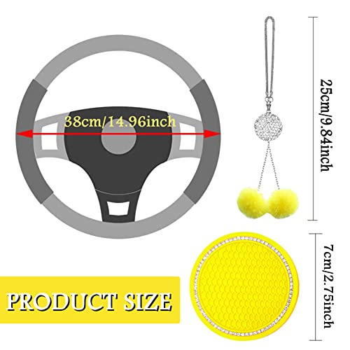 Fluffy Car Accessories Set, Fur Cute Fluffy Steering Wheel Cover Set for Women & Furry Handbrake & Gear Shift Covers & Car Rearview Mirror Pendant & 2 Pieces Bling Coasters (Yellow) - color: yellow