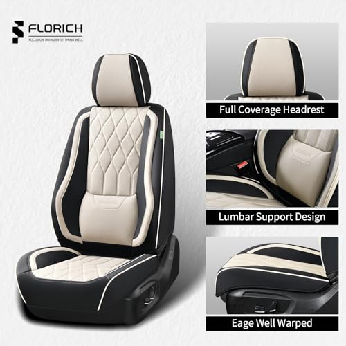 Leather Seat Cover Front Seats Automotive Car Seat Covers Front Seat Cover Waterproof Car Seat Protector with Lumbar Support 2 Pack Universal Fit for Most Cars Sedans Trucks SUV, Black&Beige