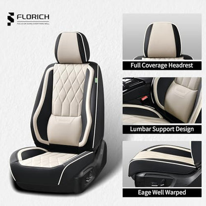 Leather Seat Cover Front Seats Automotive Car Seat Covers Front Seat Cover Waterproof Car Seat Protector with Lumbar Support 2 Pack Universal Fit for Most Cars Sedans Trucks SUV, Black&Beige