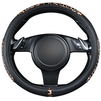 Flying Banner car Steering Wheel Cover Gel Massage Velvet Cool Warm Universal Size 15 inches SUV Truck Anti Slip Odorless Summer Winter (Black Brown Leopard Print, Gel Massage) - color: Black Brown Leopard Print