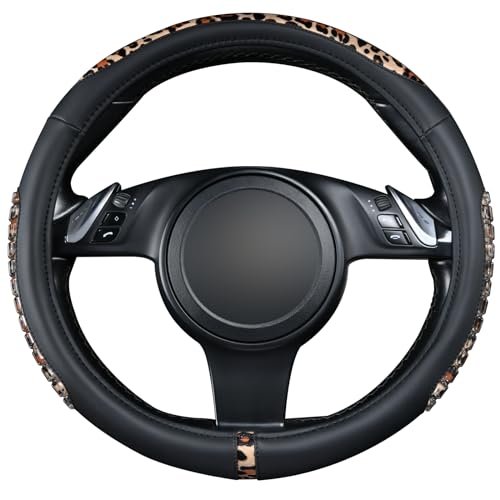 Flying Banner car Steering Wheel Cover Gel Massage Velvet Cool Warm Universal Size 15 inches SUV Truck Anti Slip Odorless Summer Winter (Black Brown Leopard Print, Gel Massage) - color: Black Brown Leopard Print