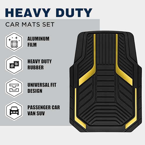 PIC AUTO Heavy Duty Rubber Floor Mats, Yellow Aluminum Film Car Mats Set, Front and Rear Car Mats with Anti-Slip Backing, All Weather Protection, Trim-to-Fit for Automotive SUV, Sedan, Van - color: Yellow