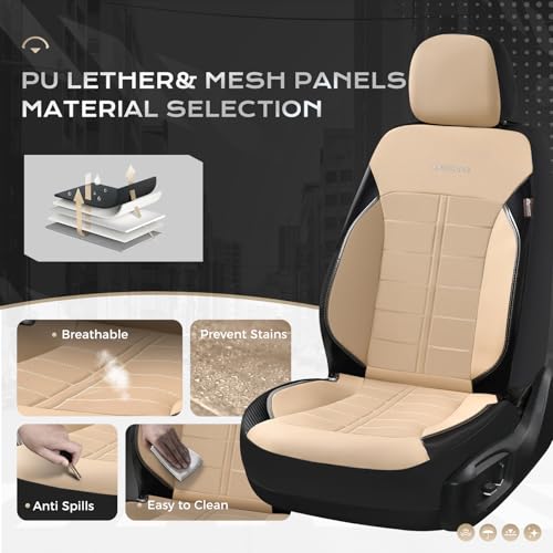Coverado Front Seat Leather Covers, Full Leather Construction with Carbon Fibre Weave, Universal Fit for Most Cars SUV Trucks (Beige) - color: Beige, size: Front