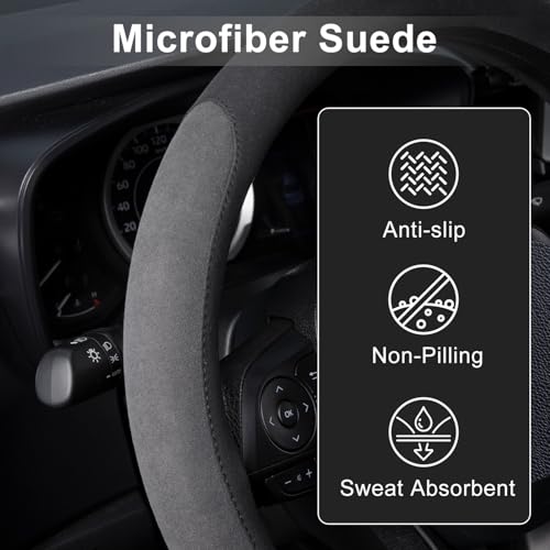 15 inch Microfiber Suede Car Steering Wheel Cover, Universal Anti-Slip Grip Protector for SUV Truck, Black & Grey