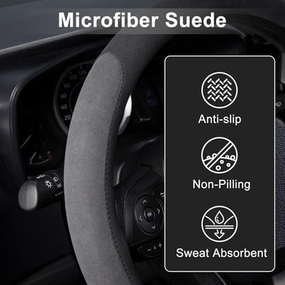 15 inch Microfiber Suede Car Steering Wheel Cover, Universal Anti-Slip Grip Protector for SUV Truck, Black & Grey