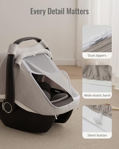 Blissful Diary Baby Car Seat Cover, Extra Large Mesh Window, Breathable Muslin Cotton, Infant Windproof Canopy, Agreeable Gray - color: Agreeable Gray