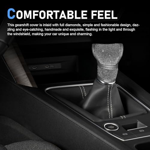 Bling Gear Shift Knob Cover, Anti-Scratch Crystal Glitter Rhinestones Car Gear Stick Protector, Automotive Diamond Shifter Cover, Universal Vehicle Decoration Accessories for Women (White)