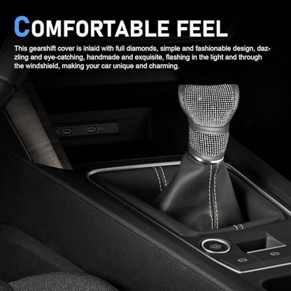 Bling Gear Shift Knob Cover, Anti-Scratch Crystal Glitter Rhinestones Car Gear Stick Protector, Automotive Diamond Shifter Cover, Universal Vehicle Decoration Accessories for Women (White)