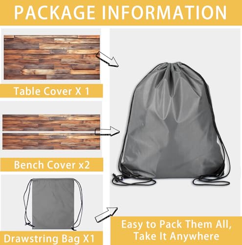Rustic Wood Table Cover with Bench Covers Waterproof Windproof Elastic Fitted Outdoor Camping RV Tablecloths with Drawstring Bag Reusable Rectangle Rectangle Tables and Seats Cover 30X60IN - color: Brown, size: 30" x 60" (Rectangular)