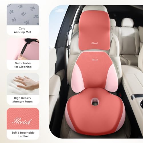 Car Seat Cushion & Lumbar Support Pillow & Car Neck Pillow Ergonomic and 100% Memory Foam, Upgraded Larger and Breathable Car Seat Cushion & Back Support Pillow - Pink - color: B-cushion&lumbar&neck Pillow-pink