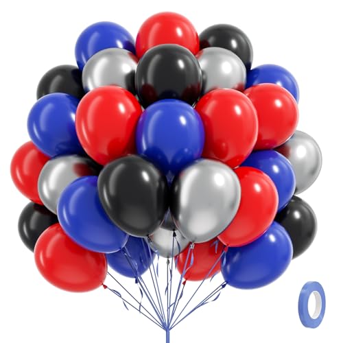 60pcs Spider Theme Balloons, Black Silver Red and Blue Balloons for Baby Shower Spider Theme Birthday Party Decorations - color: Red Blue Black