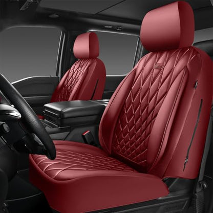 CAR PASS Piping Luxury Faux PU Leather Two Front Car Seat Covers, Waterproof Anti Slip Premium Automotive Seat Covers,Universal Fit for Suvs,Vans,Trucks, Armrest Airbag Compatible, Burgundy Red - color: All Red Burgundy, size: Two Front