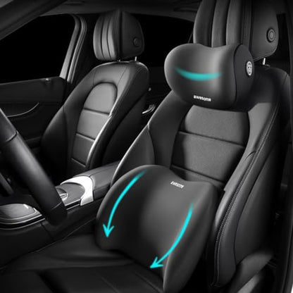 Car Lumbar Support Pillow and Car Neck Pillow Kit, Ergonomic Car Seat Headrest & Lumbar Cushion with Adjustable Strap for Neck Back Pain Relief, for Office Chair/Truck/Wheelchair (Black) - color: Black