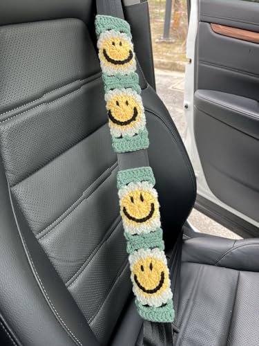 Handmade Crochet Sun Smiling face Car Steering Wheel Covers Universal 14-15 inch,Cute Steering Wheel Cover,Car Accessories (Sun Wheel Cover+2 Belt Cover) - color: Sun Wheel Cover+2 Belt Cover